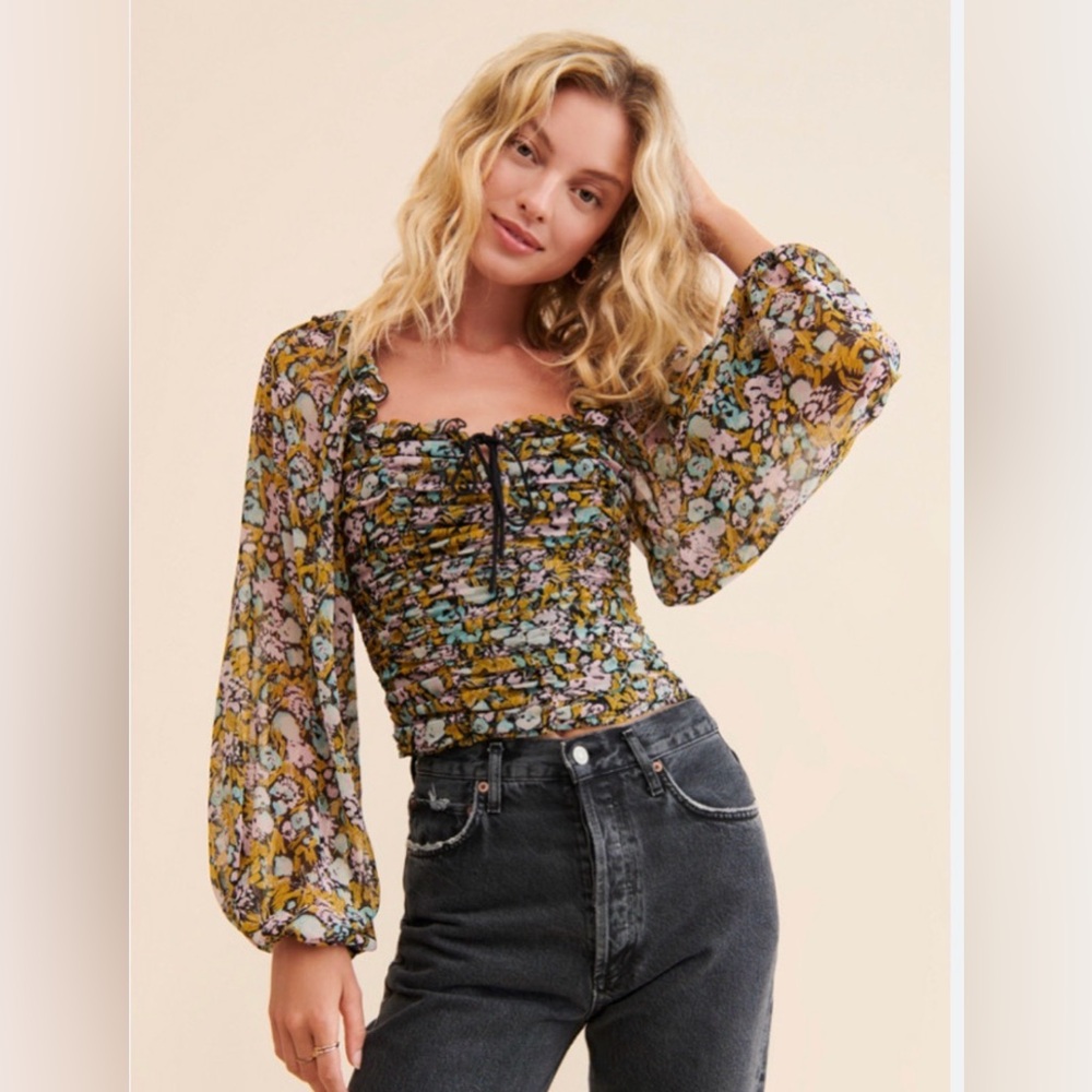 Free People Mabel Printed Blouse in Black Combo  Floral size L